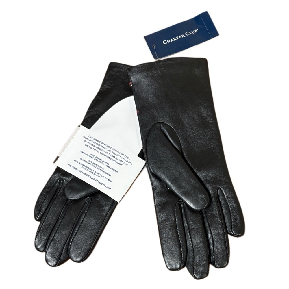 Charter Club Black Leather Gloves with Red and White Accents - Picture 3 of 6